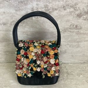 Julie Feldman Black Satin Roses Small Evening Bag Shoulder Strap Crossbody